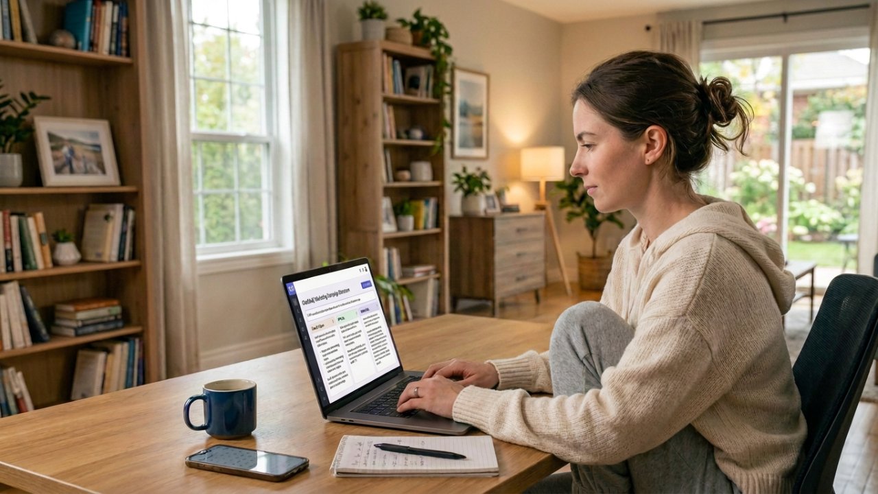 Person working on a laptop displaying ChatGrid's organized multi-AI workspace while comparing AI responses in a bright home office.