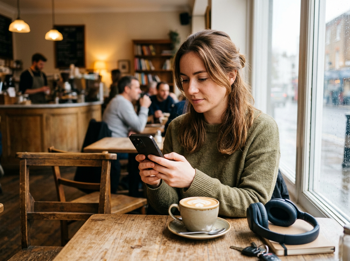 Woman in a cafe using an AI app on her smartphone