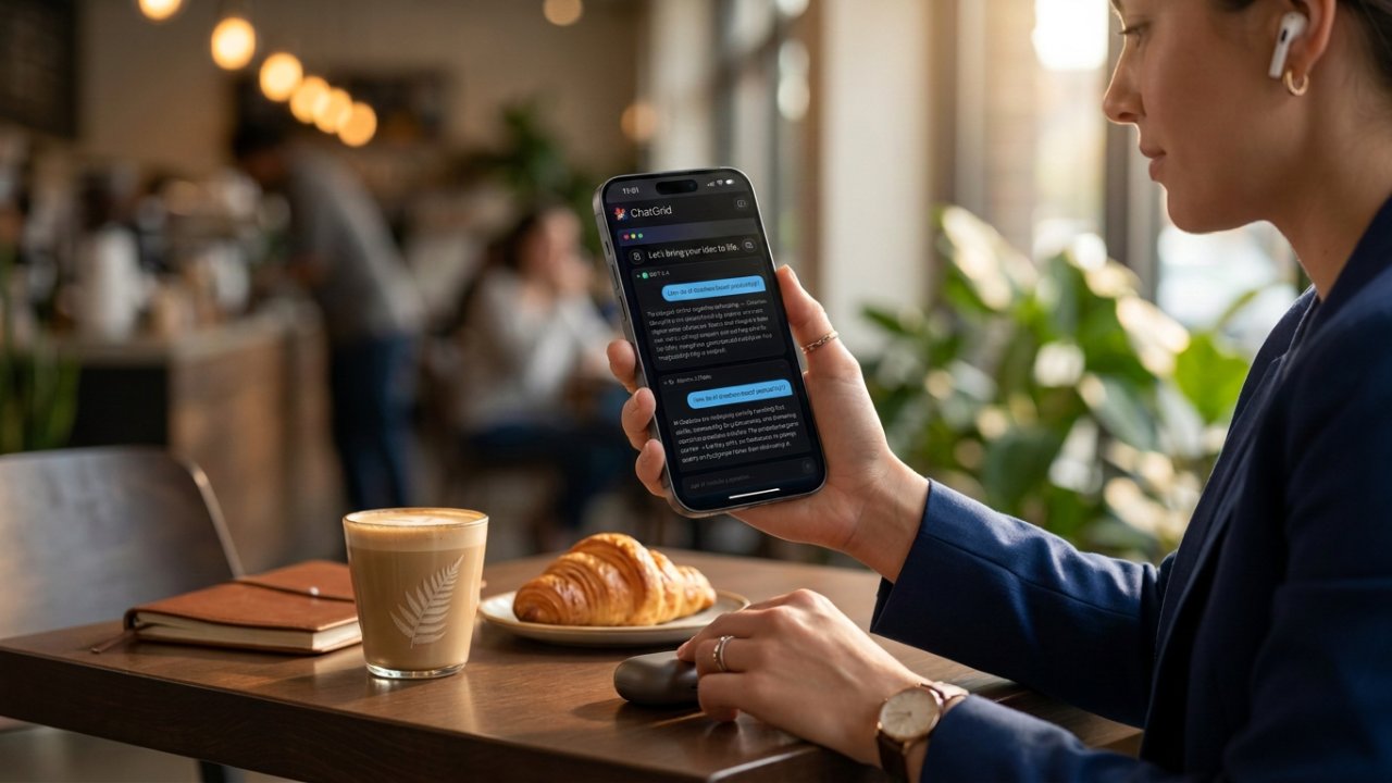 Person holding a smartphone displaying the ChatGrid mobile app while working in a café with coffee, notebook, and wireless earbuds on the table.